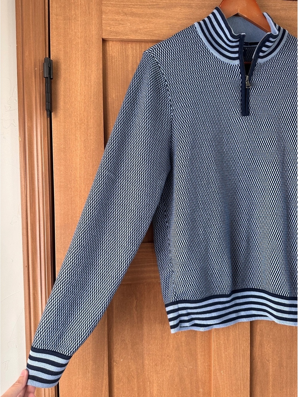 Lands’ End Men’s 100% Supima Cotton 1/4 Zip Polo Sweatshirt Blue size Medium - Picture 2 of 13